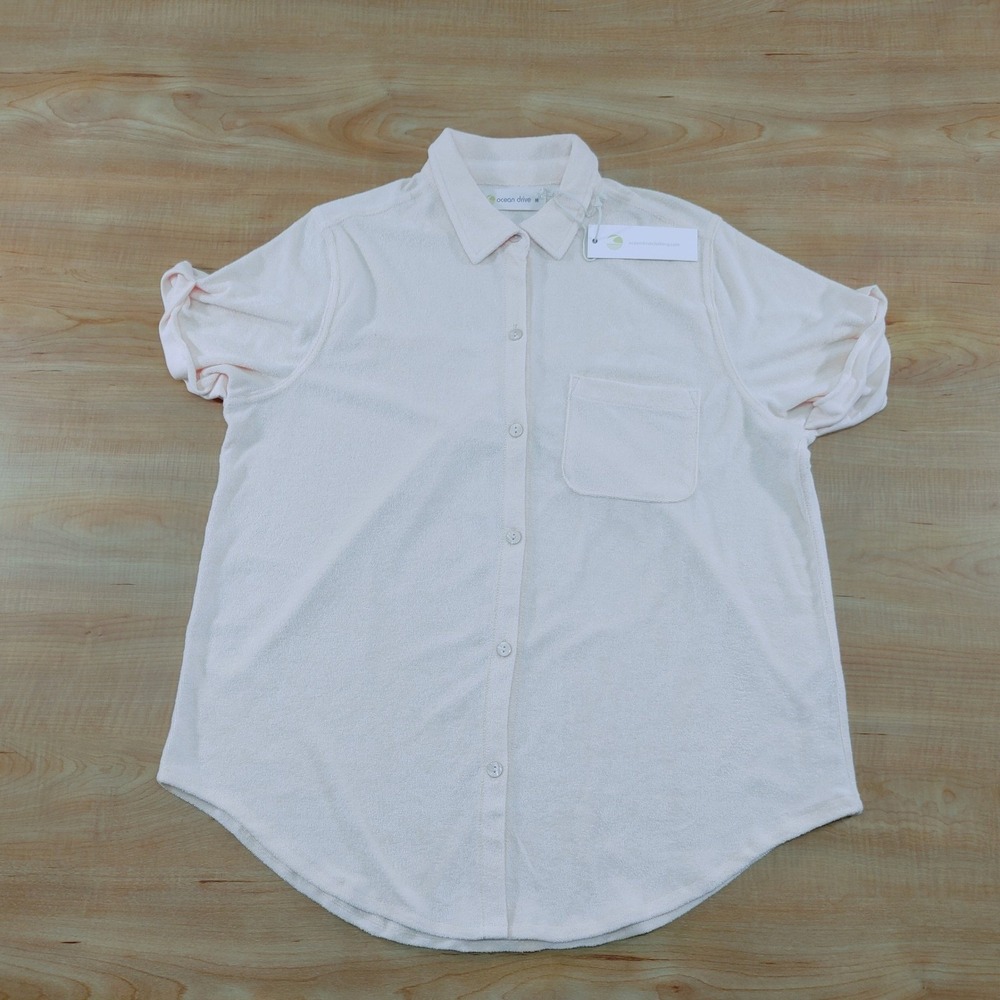 Ocean Drive Womens Terry Cloth Button Down Shirt Light Pink Short Sleeve Size M